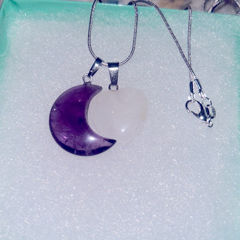 Boho hippie Amethyst Moon and Rose Quartz Crystal heart Sterling Silver 24" Neck